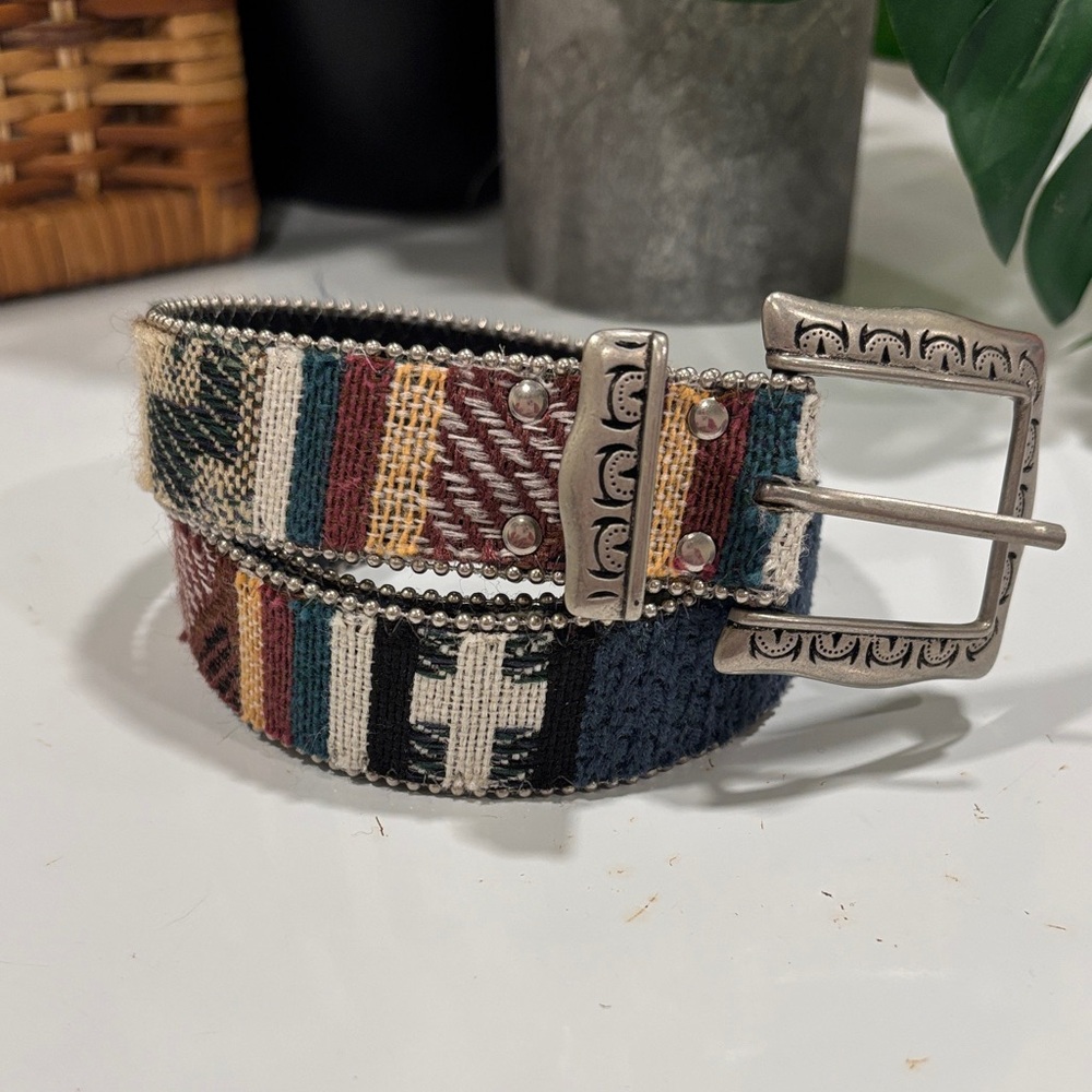 Elite Fresno California Vintage Silver Buckle Western Style Woven Belt